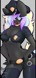 Size: 901x1920 | Tagged: suggestive, artist:teranen, derpibooru import, oc, oc:ice trio, unofficial characters only, anthro, earth pony, unicorn, anthro oc, badge, chest fluff, clothes, colored pupils, cuffs, donut, ear fluff, epaulettes, eye clipping through hair, female, food, hat, peaked cap, police officer, police uniform, rolled up sleeves, socks, solo, solo female, thigh highs, zipper