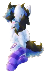 Size: 1440x2299 | Tagged: safe, artist:iroxykun, derpibooru import, oc, oc:frozen soul, unofficial characters only, pegasus, pony, blushing, clothes, fangs, looking back, male, plot, smiling, socks, solo, stallion, striped socks, wings