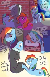 Size: 3267x5046 | Tagged: suggestive, artist:marshflower, derpibooru import, rainbow dash, thunderlane, oc, earth pony, pegasus, pony, bed, bedroom eyes, brick wall, comic, eyes closed, eyeshadow, female, grin, hoofbump, jealous, makeup, male, mare, older, one eye closed, pillow, shipping, smiling, song reference, stallion, straight, the hills, the weeknd, thunderdash