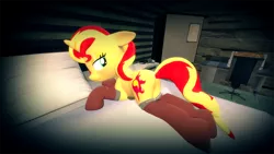 Size: 1920x1080 | Tagged: suggestive, artist:lukewop, derpibooru import, sunset shimmer, pony, 3d, bedroom, bedroom eyes, blushing, bunset shimmer, clothes, female, gmod, looking at you, lying down, on bed, plot, socks, sockset shimmer, solo, solo female