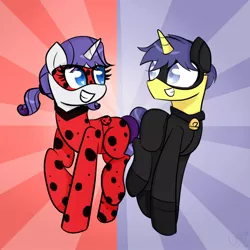 Size: 894x894 | Tagged: abstract background, artist:ultrard, chat noir, colored pupils, cometity, comet tail, crossover, derpibooru import, eye contact, ladybug, looking at each other, miraculous ladybug, ponytail, raised hoof, raised leg, rarity, safe, shipping, smiling