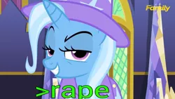 Size: 1600x900 | Tagged: suggestive, derpibooru import, edit, edited screencap, screencap, trixie, pony, unicorn, no second prances, >rape, caption, female, image macro, mare, meme, text, trixie yells at everything