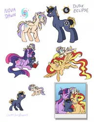 Size: 2800x3623 | Tagged: safe, artist:overlordneon, derpibooru import, sunset shimmer, twilight sparkle, twilight sparkle (alicorn), oc, oc:dusk eclipse, oc:nova dawn, alicorn, pony, alicornified, cute, family, family photo, female, lesbian, magical lesbian spawn, mare, offspring, parent:sunset shimmer, parent:twilight sparkle, parents:sunsetsparkle, race swap, shimmercorn, shipping, sunsetsparkle, ultimate twilight