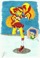 Size: 4849x6948 | Tagged: safe, artist:metaldudepl666, derpibooru import, part of a set, comet tail, sunset shimmer, equestria girls, absurd resolution, belly button, blushing, cheerleader, cometshimmer, grin, midriff, pigtails, pom pom, sneakers, traditional art, wink