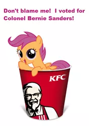 Size: 379x536 | Tagged: bernie sanders, bucket, chicken, colonel sanders, derpibooru import, kfc, politics, pun, safe, scootachicken, scootaloo, solo