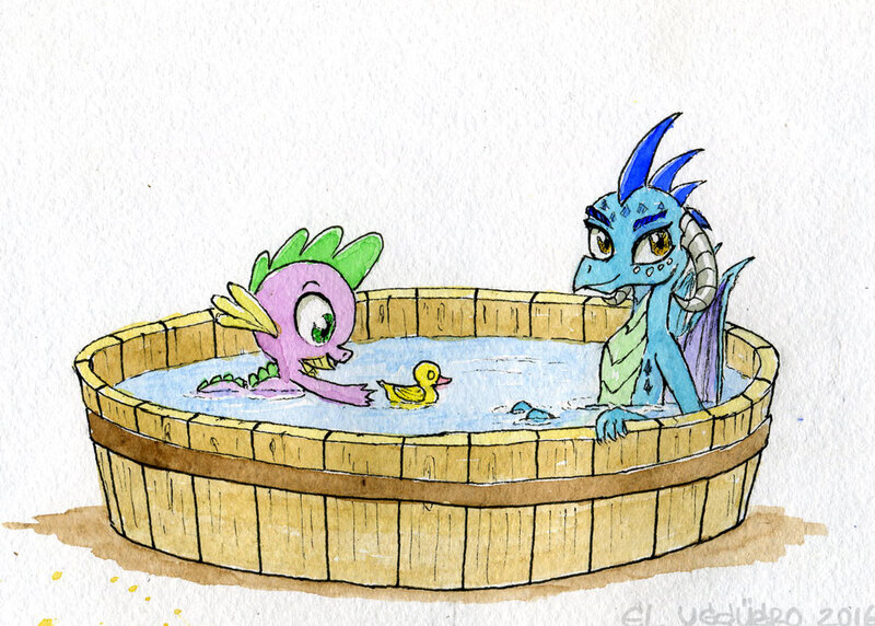 Size: 1024x732 | Tagged: safe, artist:el-yeguero, derpibooru import, princess ember, spike, dragon, gauntlet of fire, baby, baby dragon, bath, cute, dragoness, emberbetes, female, male, rubber duck, signature, simple background, spikabetes, traditional art, white background, wings