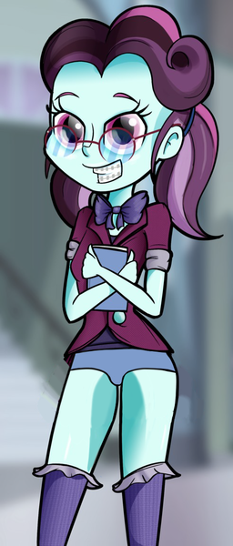 Size: 492x1152 | Tagged: suggestive, artist:ohohokapi, artist:ohohokapi edits, deleted from derpibooru, derpibooru import, edit, principal abacus cinch, equestria girls, friendship games, adorkable, blue underwear, bowtie, braces, cinchabetes, clothes, crystal prep academy uniform, cute, dork, glasses, school uniform, schoolgirl, solo, stupid sexy cinch, underwear, underwear edit, younger, younger cinch, zettai ryouiki