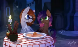 Size: 5000x3000 | Tagged: safe, artist:ruef, derpibooru import, oc, oc:evening howler, unofficial characters only, pegasus, pony, commission, female, food, lady and the tramp, male, pasta, spaghetti, spaghetti scene, straight, ych result