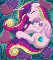 Size: 2500x2840 | Tagged: safe, artist:template93, derpibooru import, princess cadance, princess flurry heart, alicorn, pony, :t, blanket, cuddling, cute, cutedance, eyes closed, female, filly, floppy ears, flurrybetes, hug, mama cadence, mare, messy mane, mother and daughter, pillow, plot, side, smiling, snuggling