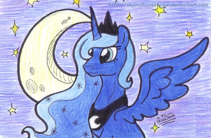 Size: 819x535 | Tagged: safe, artist:artistnjc, deleted from derpibooru, derpibooru import, princess luna, alicorn, pony, crescent moon, female, mare, moon, princess, solo, spread wings, stars, traditional art, wings