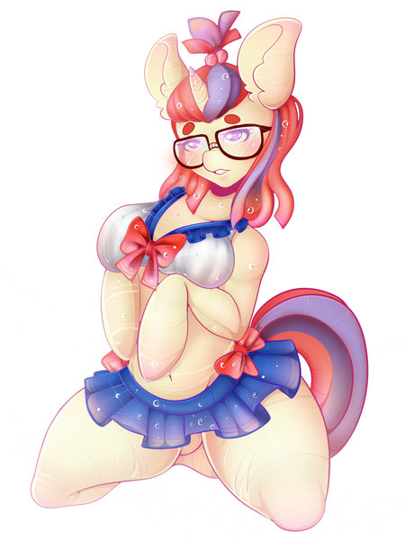 Size: 1200x1600 | Tagged: anthro, arm hooves, artist:lovepuma69, belly button, blushing, bowtie, breasts, busty moondancer, clothes, commission, derpibooru import, ear fluff, female, glasses, impossibly large ears, midriff, miniskirt, moondancer, pleated skirt, questionable, short shirt, skirt, solo, solo female, unguligrade anthro, water, wet