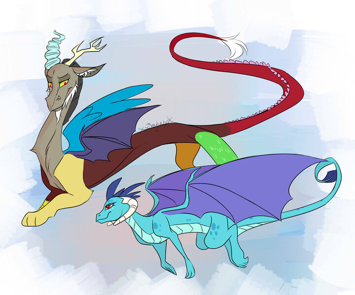 Size: 1024x853 | Tagged: artist:xxjoyluvxx, derpibooru import, discord, dragon, flying, princess ember, safe