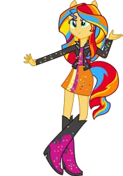 Size: 4355x6233 | Tagged: safe, artist:illumnious, derpibooru import, sunset shimmer, equestria girls, absurd resolution, boots, clothes, confetti, crossed legs, high heel boots, jacket, leather jacket, ponied up, ponyscape, ponytail, rainbow hair, rainbow power, rainbow power-ified, rainbow tail, simple background, skirt, transparent background, vector