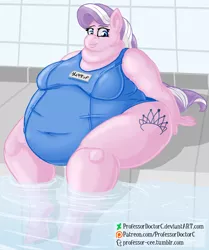 Size: 800x956 | Tagged: anthro, artist:professordoctorc, bbw, chubby, chubby diamond, clothes, derpibooru import, diamond tiara, fat, female, lips, obese, saggy, school swimsuit, solo, solo female, ssbbw, suggestive, swimming pool, swimsuit, unguligrade anthro