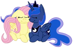 Size: 2992x1936 | Tagged: safe, artist:squipycheetah, derpibooru import, fluttershy, princess luna, alicorn, pegasus, pony, crossed hooves, crown, cute, eyes closed, female, floppy ears, folded wings, happy, lesbian, lunashy, missing accessory, missing shoes, necklace, nuzzling, shipping, shyabetes, simple background, smiling, transparent background, vector