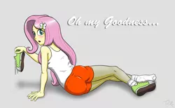 Size: 1820x1120 | Tagged: suggestive, artist:ashley_urikoshima, derpibooru import, fluttershy, equestria girls, ass, blushing, clothes, converse, female, fetish, flutterbutt, hooters, looking back, pantyhose, pinup, shoes, shorts, sneakers, sneakers fetish, socks, solo, solo female, surprised