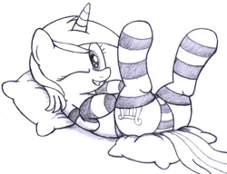 Size: 2600x2000 | Tagged: artist:an-tonio, clothes, derpibooru import, female, lyra heartstrings, monochrome, panties, pillow, socks, solo, solo female, striped socks, striped underwear, suggestive, traditional art, underwear, wink