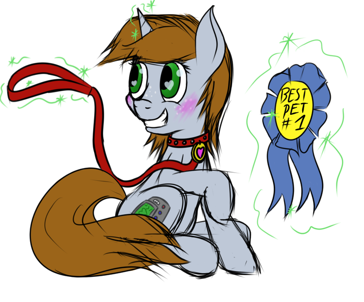 Size: 1024x850 | Tagged: suggestive, artist:frecklesfanatic, derpibooru import, oc, oc:littlepip, unofficial characters only, pony, unicorn, fallout equestria, fanfic, blushing, collar, cute, dog tags, fanfic art, female, freckles, glowing horn, heart, heart eyes, hooves, horn, leash, levitation, magic, mare, pet play, pet tag, pipabetes, prize, ribbon, simple background, smiling, solo, teeth, telekinesis, trophy, white background, wingding eyes