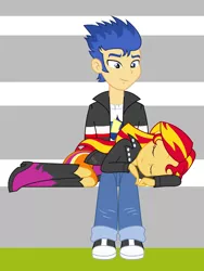 Size: 2736x3648 | Tagged: safe, artist:famousmari5, derpibooru import, flash sentry, sunset shimmer, equestria girls, canterlot high, clothes, eyes closed, female, flashimmer, leather jacket, male, pants, shipping, shoes, skirt, sleeping, steps, straight
