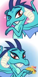 Size: 806x1628 | Tagged: artist:dm29, bedroom eyes, cute, derpibooru import, dragon, emberbetes, female, fire, fire breath, food, gauntlet of fire, looking at you, one eye closed, open mouth, pose, princess ember, safe, smiling, solo, taco, unf, wink