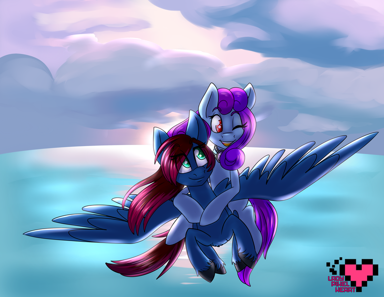 Size: 3850x2975 | Tagged: safe, artist:ladypixelheart, derpibooru import, oc, oc:healinglight, oc:lyrica, unofficial characters only, carrying, flying, ocean, sunset