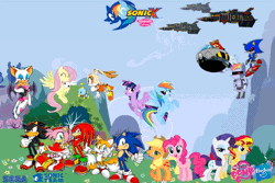 Size: 900x600 | Tagged: safe, artist:trungtranhaitrung, derpibooru import, applejack, pinkie pie, rainbow dash, rarity, sunset shimmer, twilight sparkle, twilight sparkle (alicorn), pony, equestria girls, amy rose, crossover, doctor eggman, egg carrier, hasbro, knuckles the echidna, metal sonic, miles "tails" prower, my little pony logo, r-dash 5000, rouge the bat, sega, shadow the hedgehog, sonic team, sonic the hedgehog, sonic the hedgehog (series)