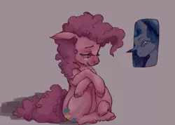 Size: 1424x1015 | Tagged: safe, artist:colorlesscupcake, derpibooru import, pinkie pie, princess luna, breakup, crying, feels, female, lesbian, love, lunapie, sad, shipping, sitting, solo, speech bubble, unrequited, why can't i hold all these x, wingding eyes