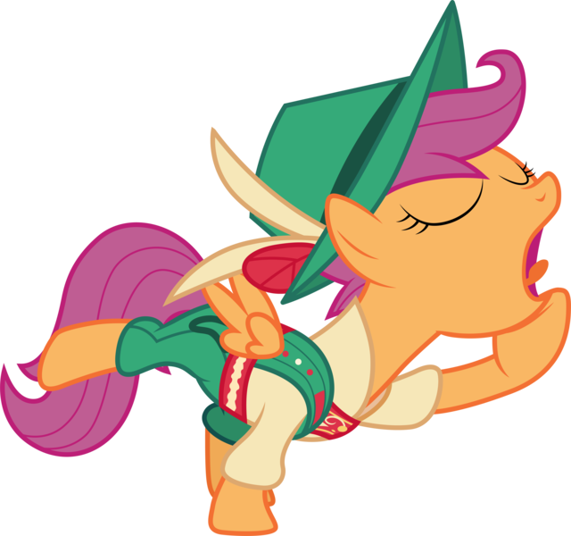 Size: 6151x5767 | Tagged: absurd resolution, .ai available, artist:cloudyglow, clothes, derpibooru import, lederhosen, on your marks, safe, scootaloo, simple background, solo, transparent background, vector, yodeling, yodeloo