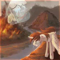 Size: 894x894 | Tagged: semi-grimdark, artist:amura-of-jupiter, derpibooru import, oc, oc:bolt, oc:miles, unofficial characters only, alicorn, pony, alicorn oc, angry, blood, crying, death, fire, injured, one eye closed, sad, sadness, tears of pain