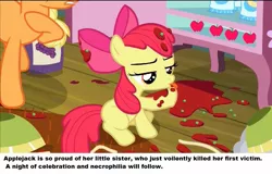 Size: 1119x716 | Tagged: apple bloom, applejack, bertstrips, caption, derpibooru import, edit, edited screencap, image macro, imminent necrophilia, implied blood, implied murder, meme, murder, ponestrip, screencap, semi-grimdark, somepony to watch over me