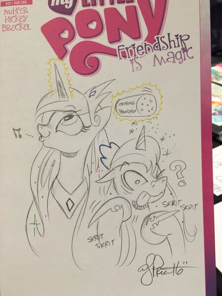 Size: 768x1024 | Tagged: artist:andypriceart, derpibooru import, itching powder, prank, princess celestia, princess luna, royal sisters, safe, scratching, traditional art, trollestia, whistling