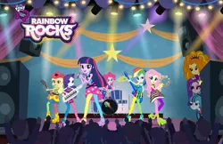 Size: 1920x1242 | Tagged: safe, derpibooru import, adagio dazzle, applejack, aria blaze, fluttershy, pinkie pie, rainbow dash, rarity, sonata dusk, twilight sparkle, equestria girls, rainbow rocks, background human, bass guitar, drums, guitar, keytar, looking at you, mane six, microphone, musical instrument, poster, speakers, stage, tambourine, the dazzlings, the rainbooms