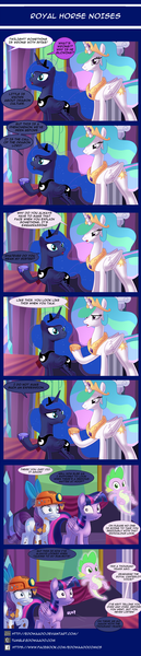 Size: 900x4195 | Tagged: safe, artist:edowaado, derpibooru import, princess celestia, princess luna, rarity, spike, twilight sparkle, twilight sparkle (alicorn), alicorn, pony, gauntlet of fire, argument, awkward, bickering sisters, bow, comic, dirt, dirty, eye twitch, female, glow, helmet, mare, mining helmet, nope, royal sisters, skewed priorities