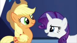 Size: 1920x1080 | Tagged: applejack, castle sweet castle, derpibooru import, grin, rarity, safe, screencap, scrunchy face