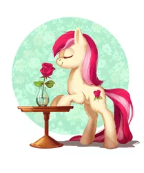 Size: 1500x1795 | Tagged: safe, artist:lis-alis, derpibooru import, roseluck, earth pony, pony, abstract background, cute, eyes closed, female, flower, fluffy, long tail, mare, rose, sniffing, solo, table, vase