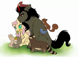 Size: 3000x2200 | Tagged: safe, artist:evehly, derpibooru import, fluttershy, king sombra, bird, pegasus, pony, rabbit, raccoon, squirrel, unicorn, animal, carrot, colored horn, critters, curved horn, feeding, female, food, grass, horn, male, mare, mouth hold, scar, shipping, sitting, sombra's horn, sombrashy, stallion, straight