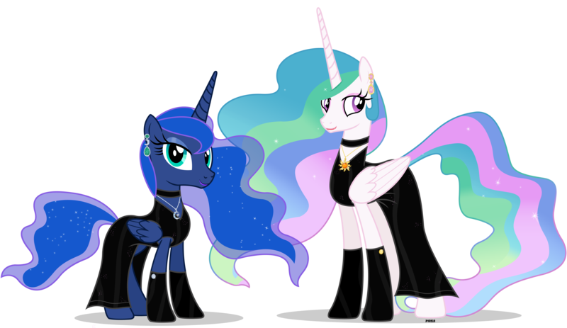 Size: 6050x3500 | Tagged: artist:a4r91n, choker, clothes, derpibooru import, dress, earring, fancy, jewelry, lipstick, little black dress, looking at you, piercing, princess celestia, princess luna, safe, simple background, transparent background, vector