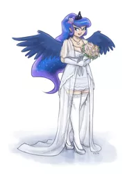 Size: 1000x1392 | Tagged: artist:king-kakapo, blushing, bouquet, clothes, derpibooru import, dress, evening gloves, flower, gloves, high heels, human, humanized, light skin, necklace, princess luna, safe, socks, solo, stockings, thigh highs, wedding dress, winged humanization, zettai ryouiki