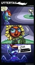 Size: 1303x2455 | Tagged: safe, artist:discorded, derpibooru import, rainbow dash, do princesses dream of magic sheep, censored dialogue, comic, crossover, determination, flowey, flute, frisk, musical instrument, nightmare sunflower, oh crap, sunflower, undertale, xk-class end-of-the-world scenario