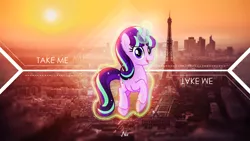 Size: 1920x1080 | Tagged: safe, artist:antylavx, artist:osipush, derpibooru import, edit, starlight glimmer, city, glow, glowing horn, magic, paris, sun, vector, wallpaper, wallpaper edit