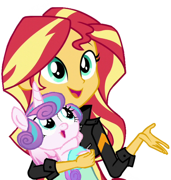 Size: 636x670 | Tagged: safe, artist:wesleyabram, derpibooru import, princess flurry heart, sunset shimmer, pony, equestria girls, auntie sunset, holding a pony, simple background, white background