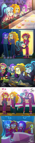 Size: 979x4032 | Tagged: safe, artist:bluse, derpibooru import, adagio dazzle, aria blaze, sonata dusk, sunset shimmer, equestria girls, aftermath, all in one, begging, blushing, chips, clothes, comic, cookie, cuddling, cute, drinking, eating, eyes closed, food, homeless, hospitality, house, hungry, kill me, pajamas, potato chips, show accurate, sleeping, smiling, snoring, snuggling, sunset shimmer gets all the dazzlings, the dazzlings, the wandering dazzlings, tired, when she smiles, wide eyes