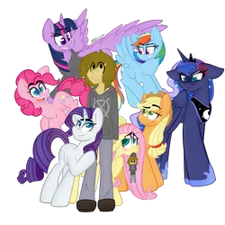 Size: 2000x2000 | Tagged: safe, artist:hoodwinkedtales, derpibooru import, applejack, fluttershy, pinkie pie, princess luna, rainbow dash, rarity, twilight sparkle, twilight sparkle (alicorn), oc, oc:ryan burbank, alicorn, human, pony, fanfic:blank, clothes, fanfic art, female, floppy ears, hoodie, jealous, jeans, mare, pants, plushie, scrunchy face, simple background, white background