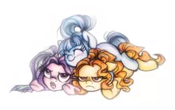 Size: 1154x726 | Tagged: safe, artist:buttersprinkle, derpibooru import, adagio dazzle, aria blaze, sonata dusk, ponified, pony, equestria girls, adoragio, ariabetes, blushing, cuddle puddle, cuddling, cute, equestria girls ponified, female, grumpy, hug, non-consensual cuddling, pony pile, smiling, snuggling, sonatabetes, the dazzlings, traditional art, trio, trio female