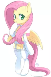 Size: 544x813 | Tagged: safe, artist:mococo, derpibooru import, fluttershy, pegasus, pony, bipedal, blushing, butt wings, clothes, cute, female, garter belt, hoof on chin, lingerie, looking at you, looking sideways, mare, shyabetes, simple background, solo, spread wings, stockings, thigh highs, white background, wings