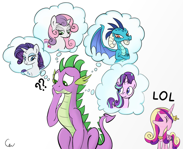 Size: 1030x840 | Tagged: safe, artist:cogweaver, derpibooru import, princess cadance, princess ember, rarity, spike, starlight glimmer, sweetie belle, dragon, pony, :t, :v, adult, adult spike, bedroom eyes, cadance laughs at your misery, colored, confused, cute, emberbetes, emberspike, eyes closed, female, floppy ears, frown, funny, funny as hell, gritted teeth, hilarious in hindsight, laughing, lol, male, older, older spike, older sweetie belle, open mouth, question mark, scrunchy face, shipping, simple background, smiling, sparity, sparlight, spikabetes, spike gets all the mares, spikebelle, straight, thought bubble, tsundember, tsundere, white background, with great power comes great shipping, worried