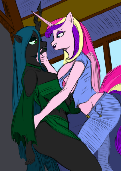 Size: 678x960 | Tagged: questionable, artist:demorgorgon, artist:evan555alpha, color edit, derpibooru import, edit, princess cadance, queen chrysalis, anthro, against wall, bedroom eyes, big breasts, breast squeeze, breasts, busty princess cadance, busty queen chrysalis, cadalis, clothes, colored, eye contact, female, grin, imminent kissing, kabedon, lesbian, lipstick, midriff, shipping, skirt, skirt lift, smiling, stupid sexy chrysalis, thunder thighs