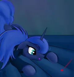 Size: 1910x2000 | Tagged: safe, artist:twiren, derpibooru import, edit, editor:linos, princess luna, pony, behaving like a cat, clothes, cute, dock, hunting, laser, laser pointer, lunabetes, magic, shirt, silly, silly pony, sitting, solo, tongue out