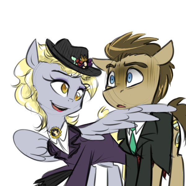 Size: 750x750 | Tagged: safe, artist:craftykraken, derpibooru import, derpy hooves, doctor whooves, time turner, pegasus, pony, blushing, doctor who, female, hat, mare, missy, necktie, sketch, the master, wing hands