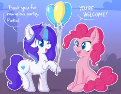 Size: 2245x1750 | Tagged: safe, artist:dsp2003, derpibooru import, pinkie pie, oc, oc:windy cloud, pony, unicorn, balloon, comic, happy, open mouth, single panel, tired pie